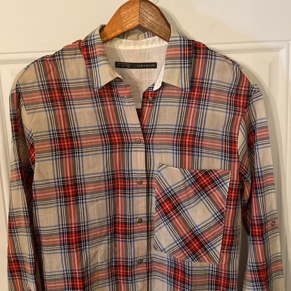 NWT Zara Red and Blue Plaid Hi Low Button Top Shirt - Picture 2 of 11